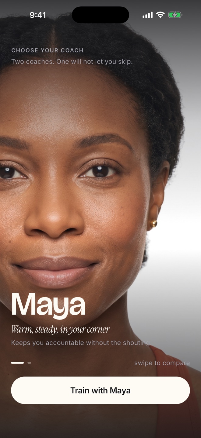 Choosing a coach in Melt: Maya, warm, steady, in your corner, with the button Train with Maya